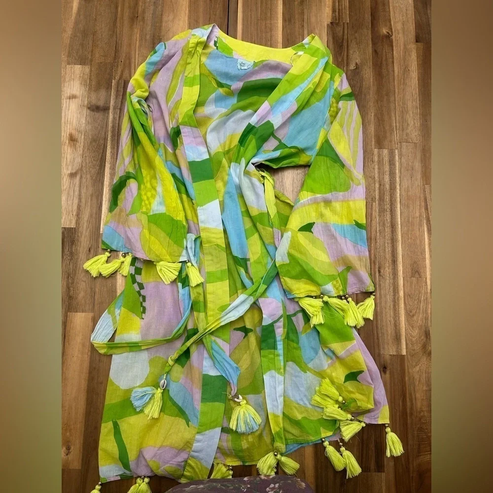 True Destinations 100% Cotton Bright Printed Tassel Trim Cover Up Robe Belt Sz L